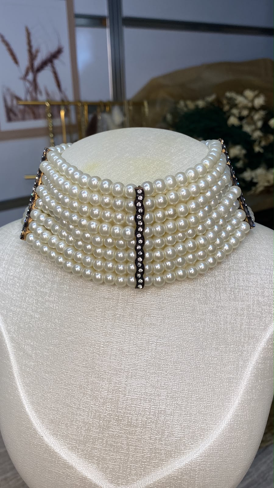 8 Sıra Taşlı Köprü Detaylı İnci Choker Kolye_2