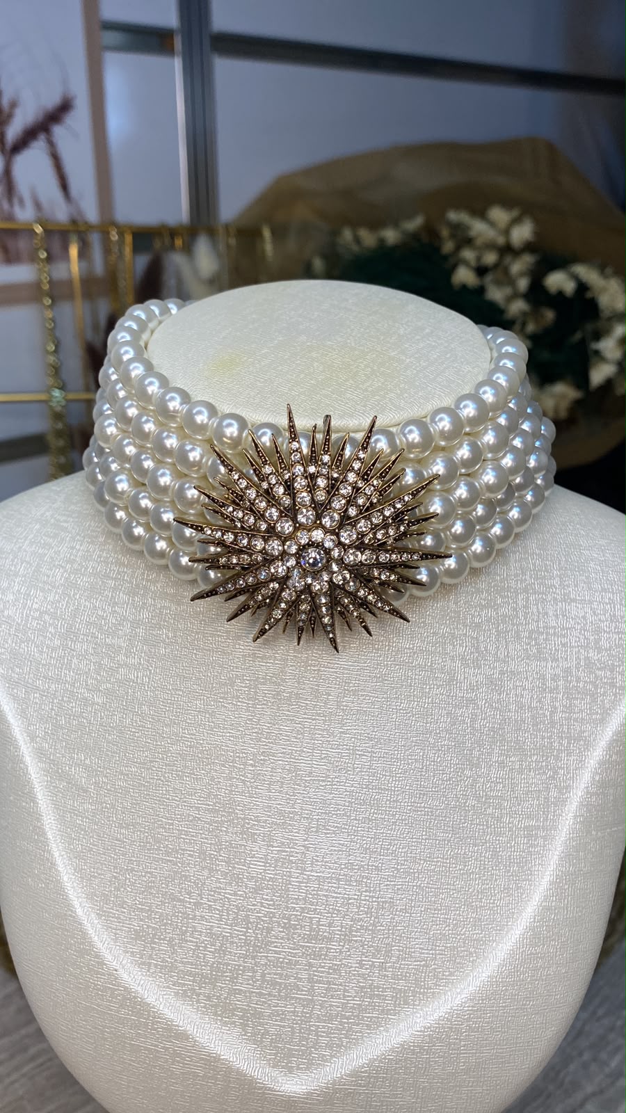 5 Sıra Antik Taşlı Güneş Motifli İnci Choker Kolye_2
