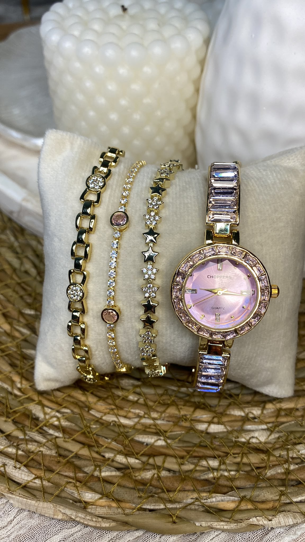 Choppers Pembe Taşlı Gold Kadın Saat ve 3'lü Bileklik Seti